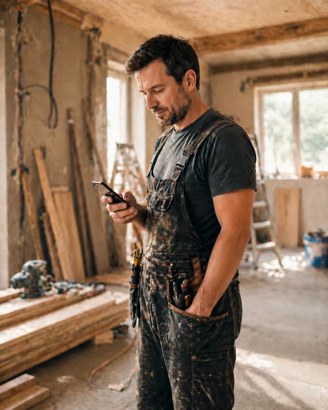 Artisan sur son chantier, concentré sur son travail